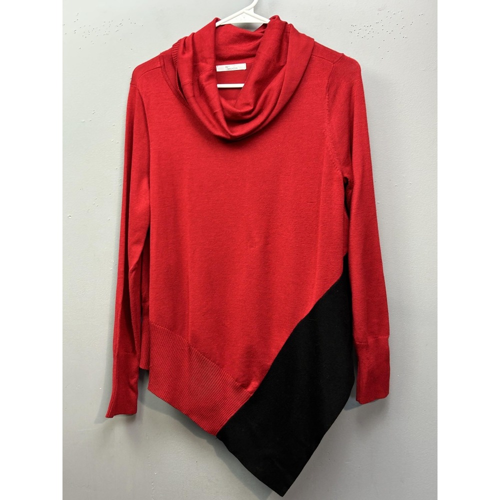 89th + Madison‎ Sweater Tunic Womens Small Red Black Cowl Neck Asymmetrical Hem